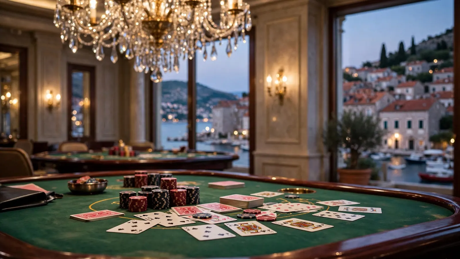 Elegantni baccarat stol u hrvatskom kasinu s igrnim karticama i žetonima