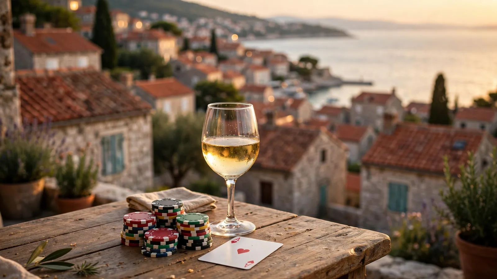 Hrvoatski primorski gradić s casino žetonima i kartom na stolu