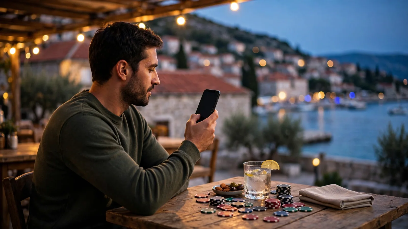 Osoba u splitskoj kafiću s mobitelom i žetonima za casino uz zalazak sunca