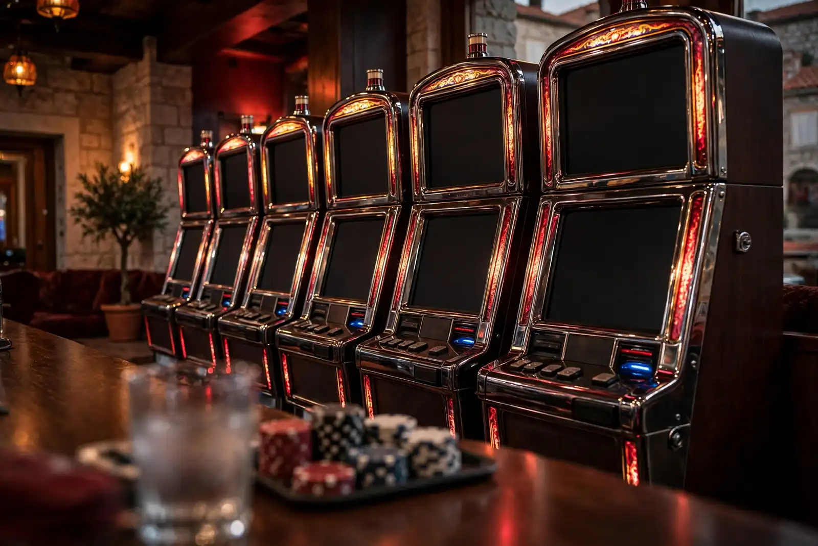 Klasični casino automati u mekano osvijetljenoj igraćoj dvorani