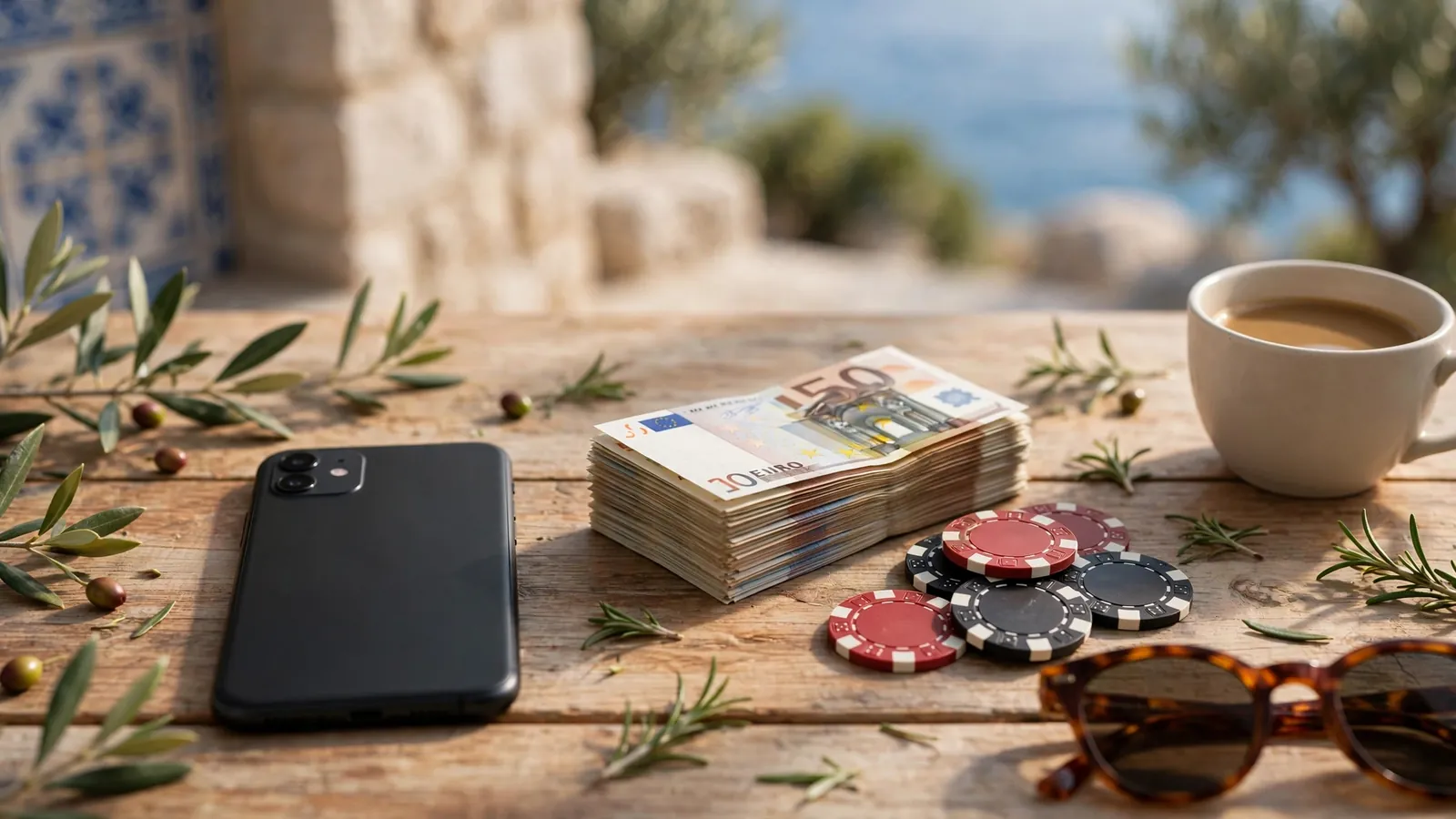Stol sa smartfonom, žetonima i eurima na mediteranskoj pozadini