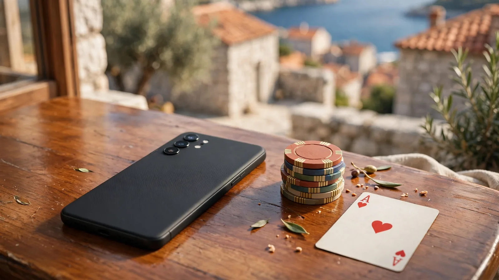 Pametni telefon, casino žetoni i karta na stolu