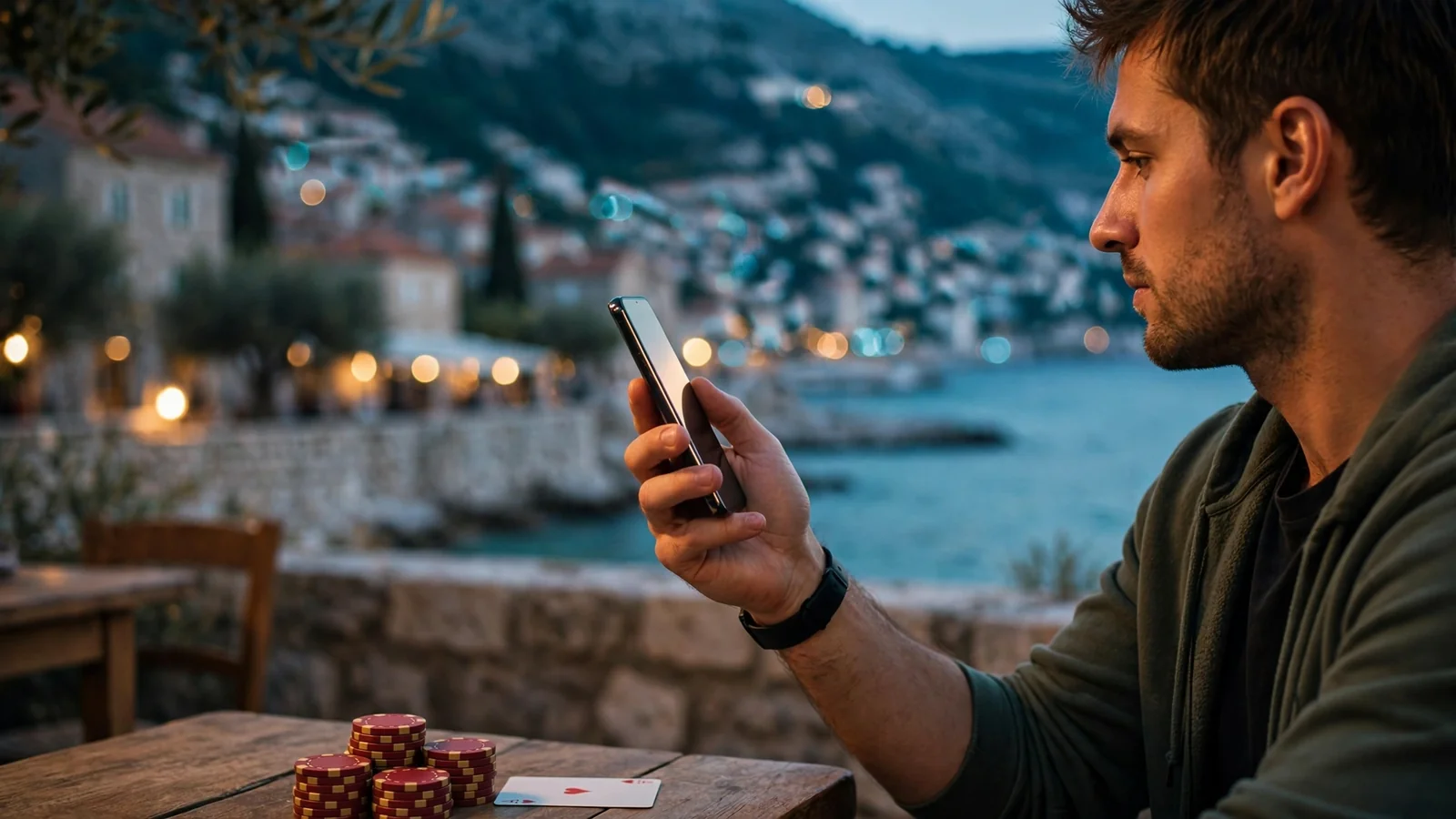 Osoba drži moderni pametni telefon uz hrpu casino žetona i karticu na stolu.
