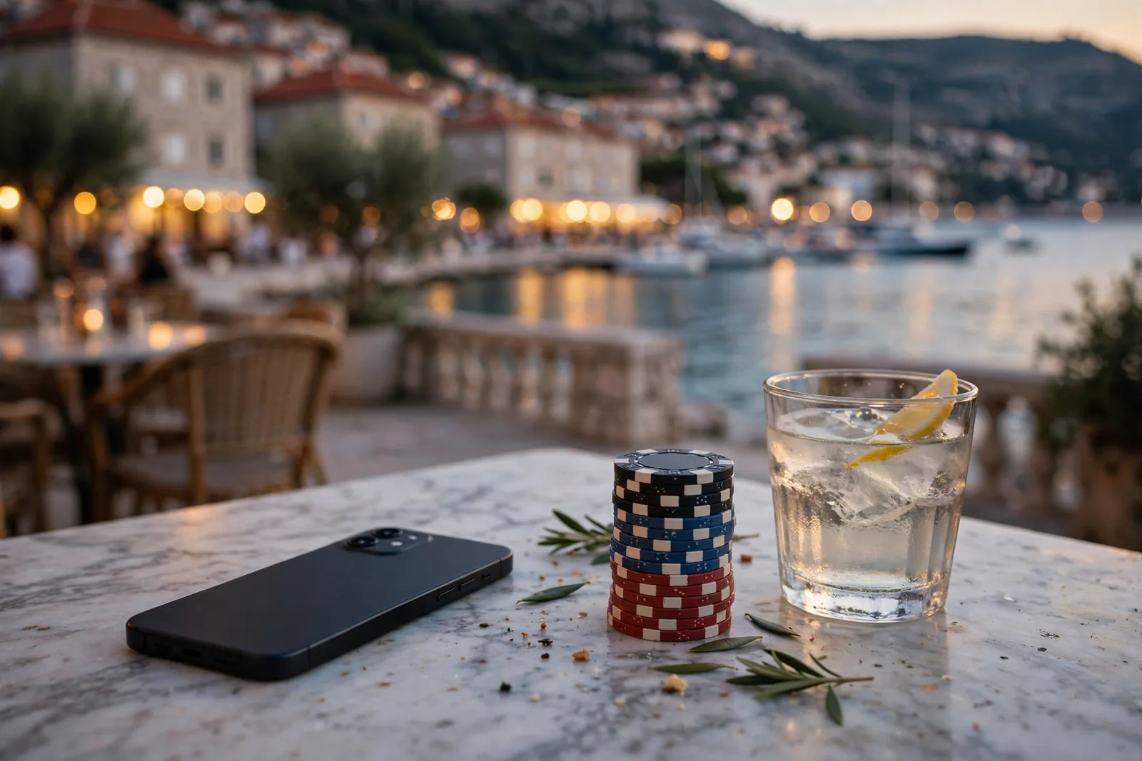 Pametni telefon, žetoni i čaša na stolu uz more