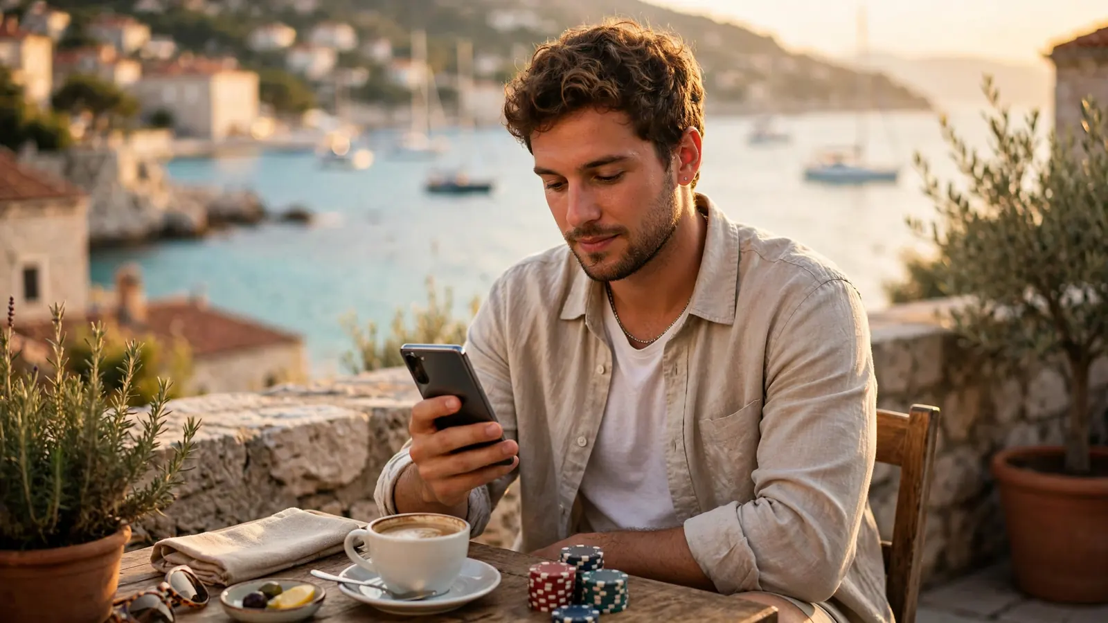 Osoba na terasi kraj mora drži pametni telefon uz žetone za casino