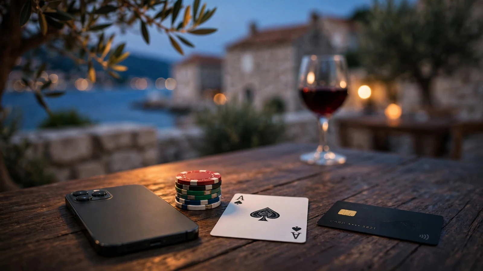 Stol s casino žetonima, telefonom i e-novčiću u modernoj hrvatskoj sobi