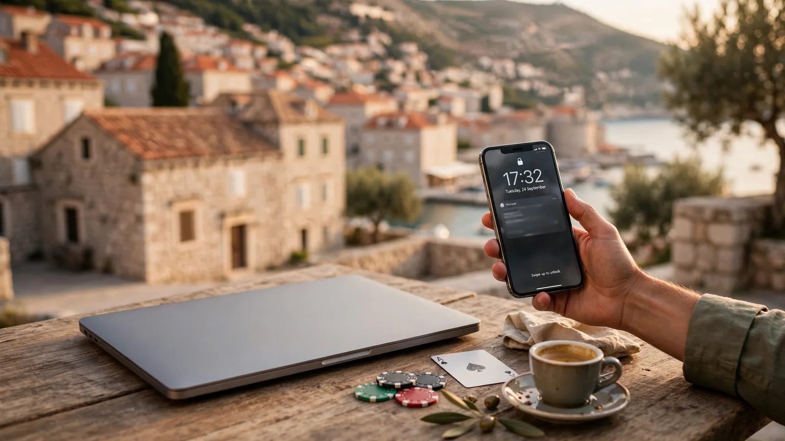 Laptop i pametni telefon na stolu uz casino žetone