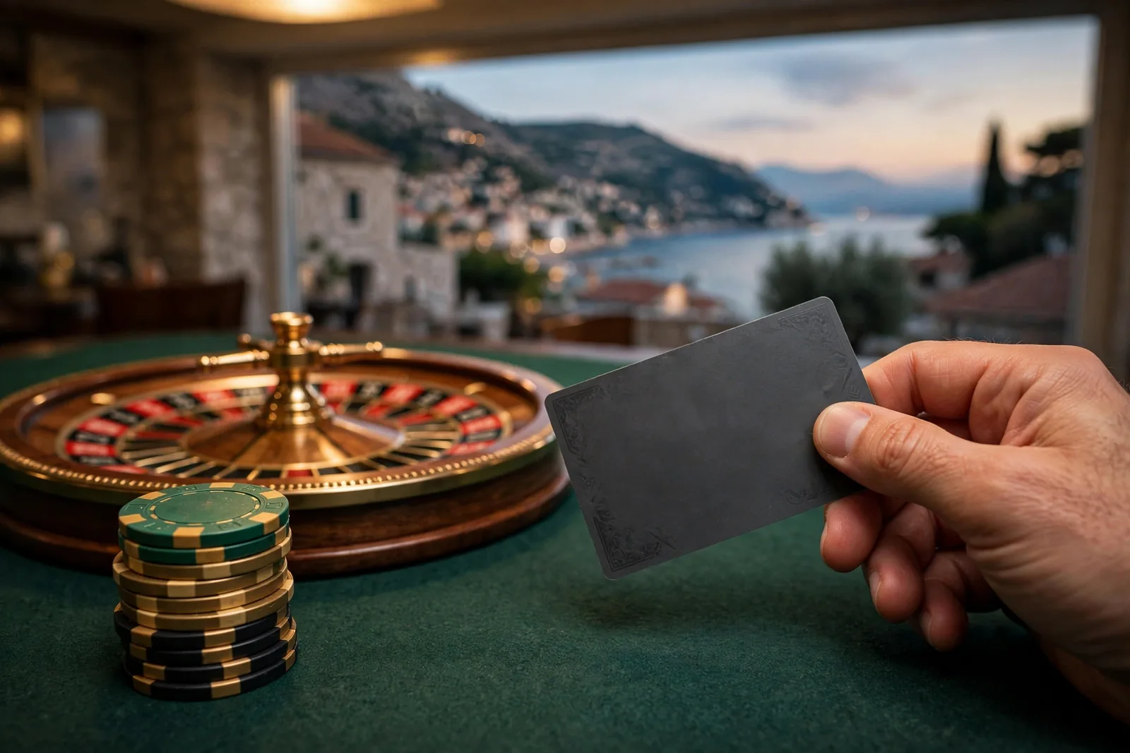 Hrpa casinoskih žetona, kotač rulete i prepaid vaučer na zelenom stolu