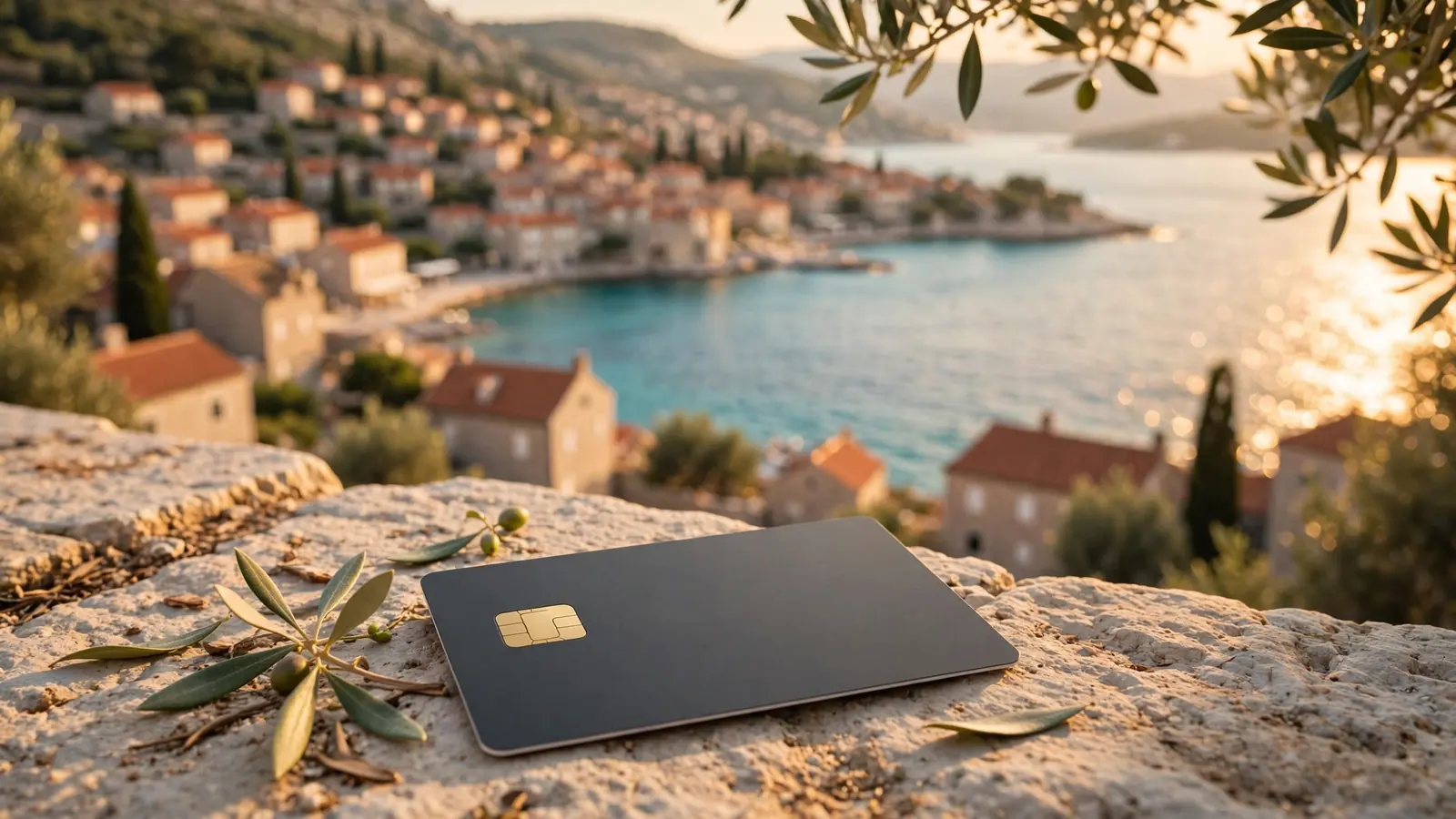 Visa kartica na mediteranskoj terasi uz more