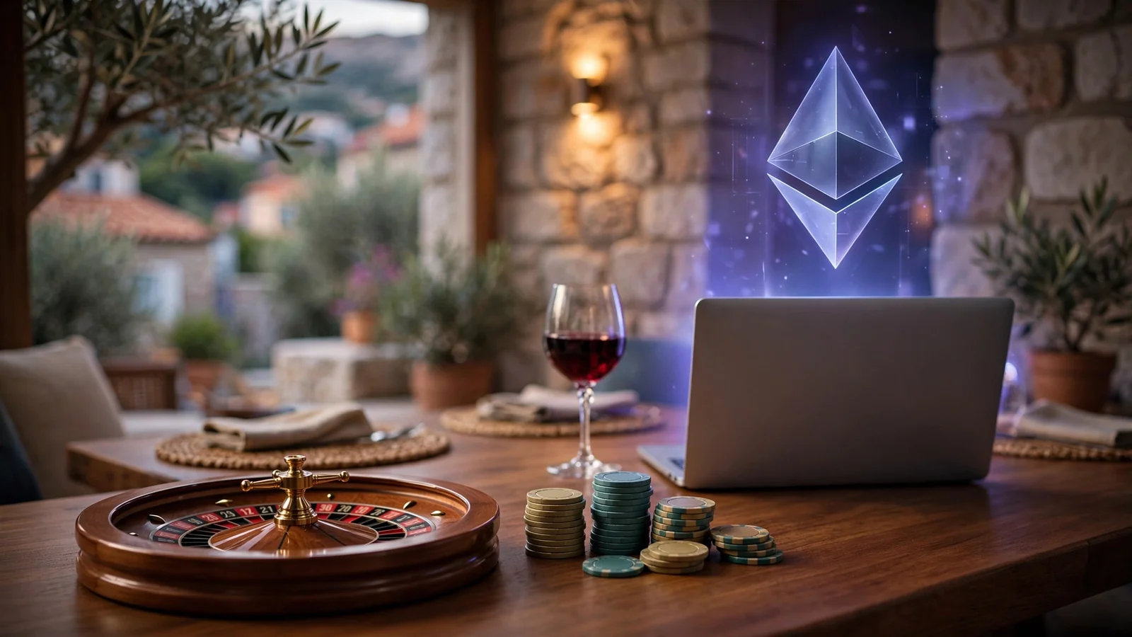 Ethereum kriptovaluta i casino žetoni na stolu u Splitu