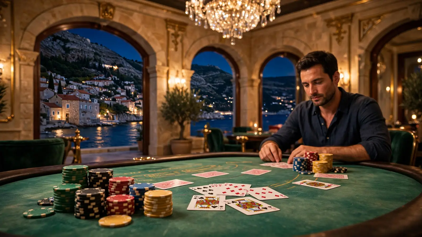Elegantni casinski stol za blackjack s ulošcima uz jadransku obalu