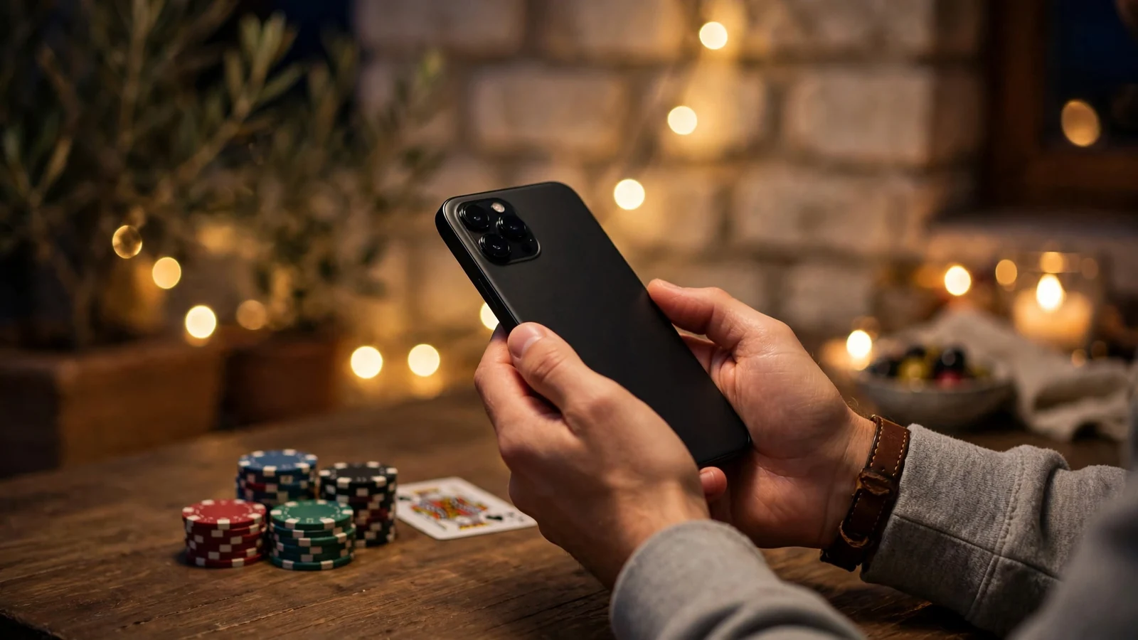 Osoba drži pametni telefon uz casino čipove i kartu