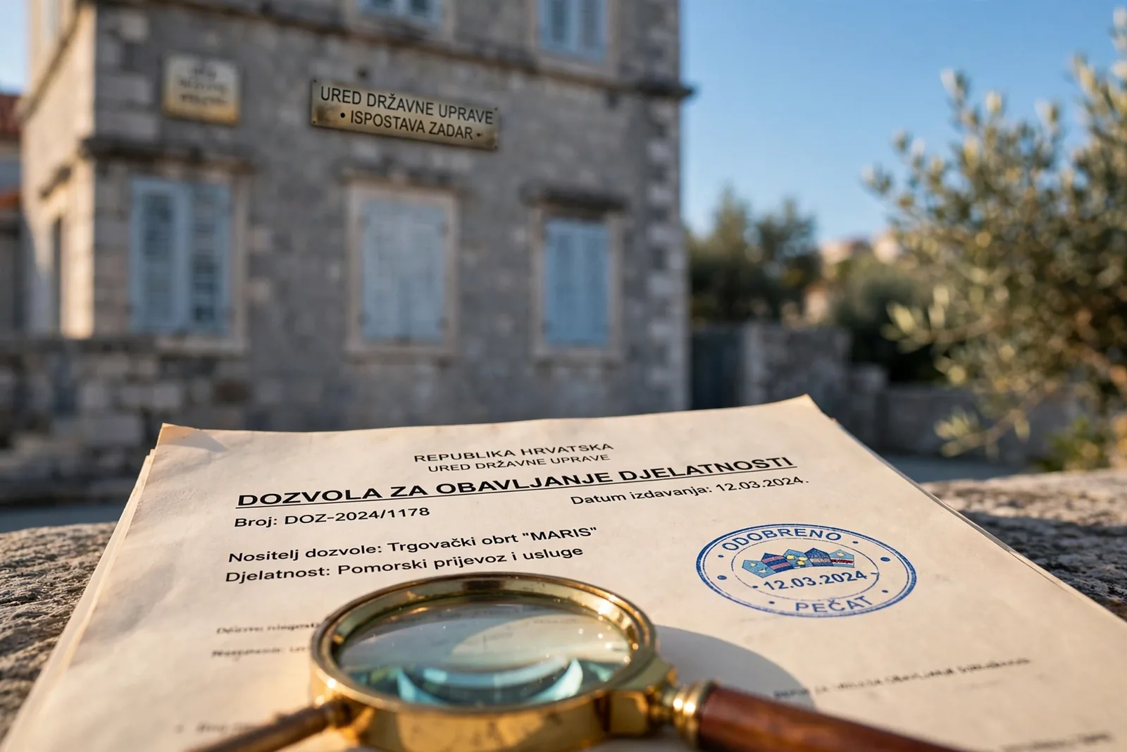 Službena zgrada s povećalom nad dokumentom o licenci
