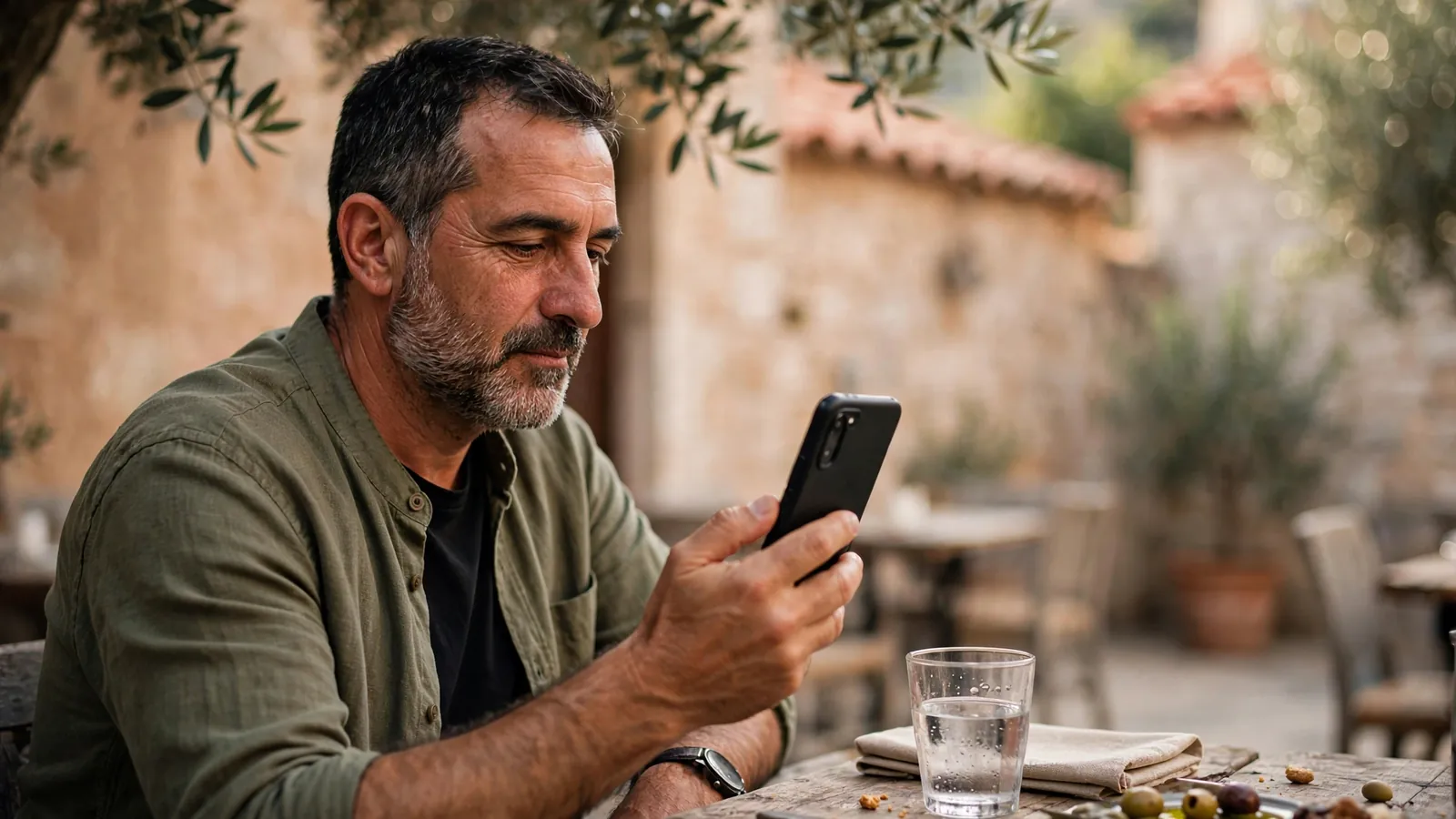 Čovjek u kafiću s mobilnim telefonom u ruci