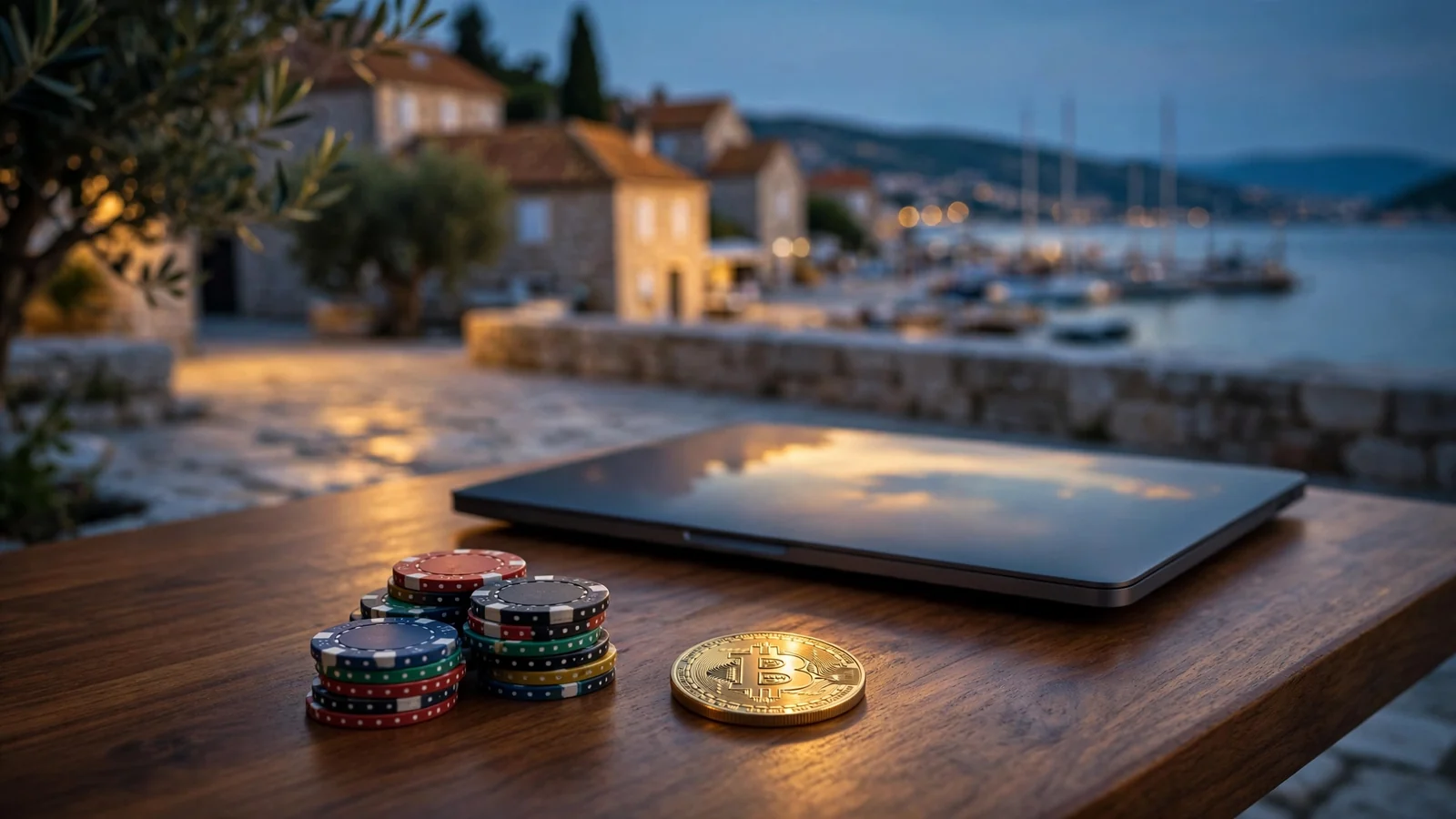 Stol s kripto žetonom i casino čipovima na hrvatskoj obali