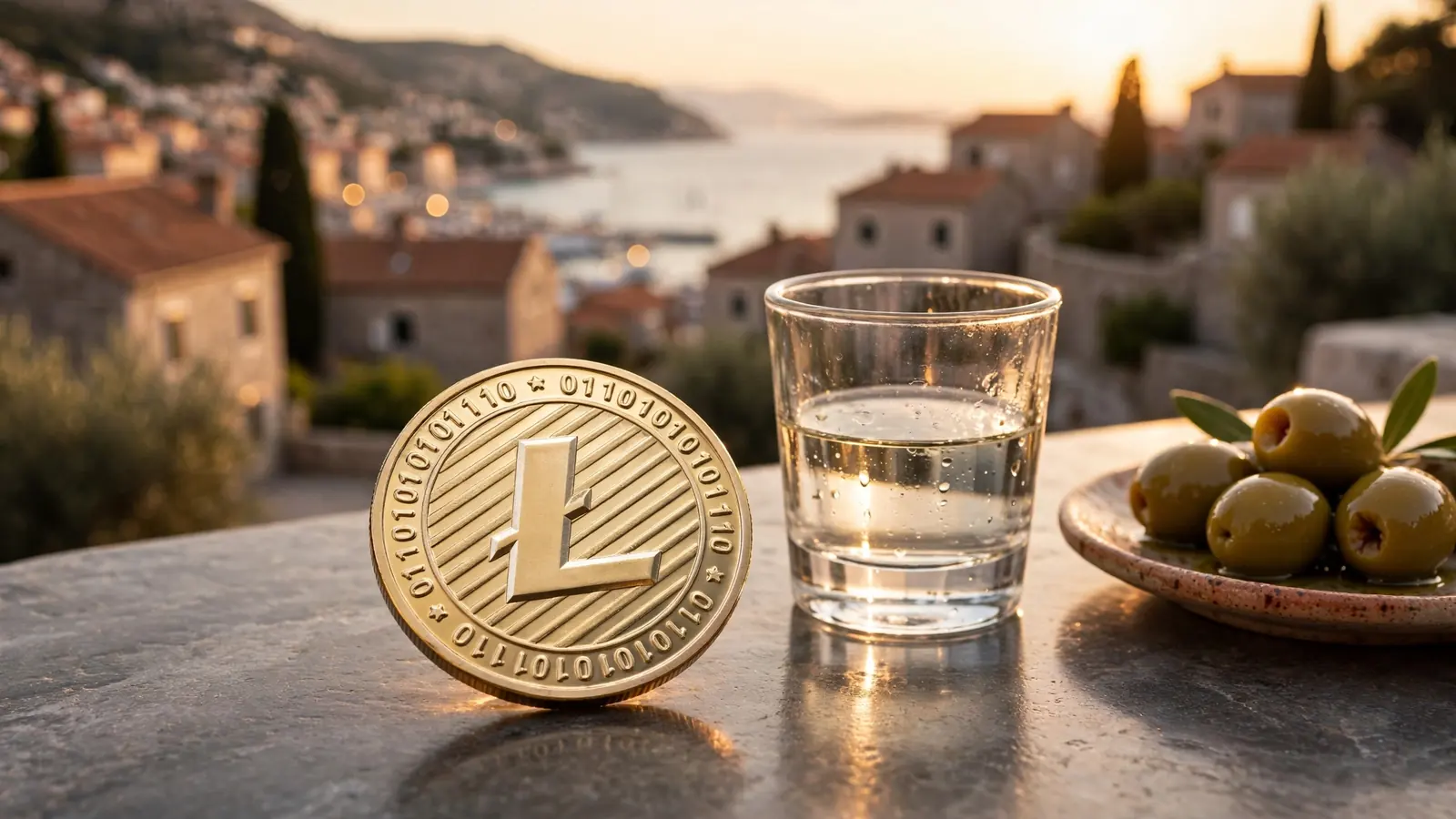 Litecoin kovanica uz čašu rakije na pozadini hrvatske obale