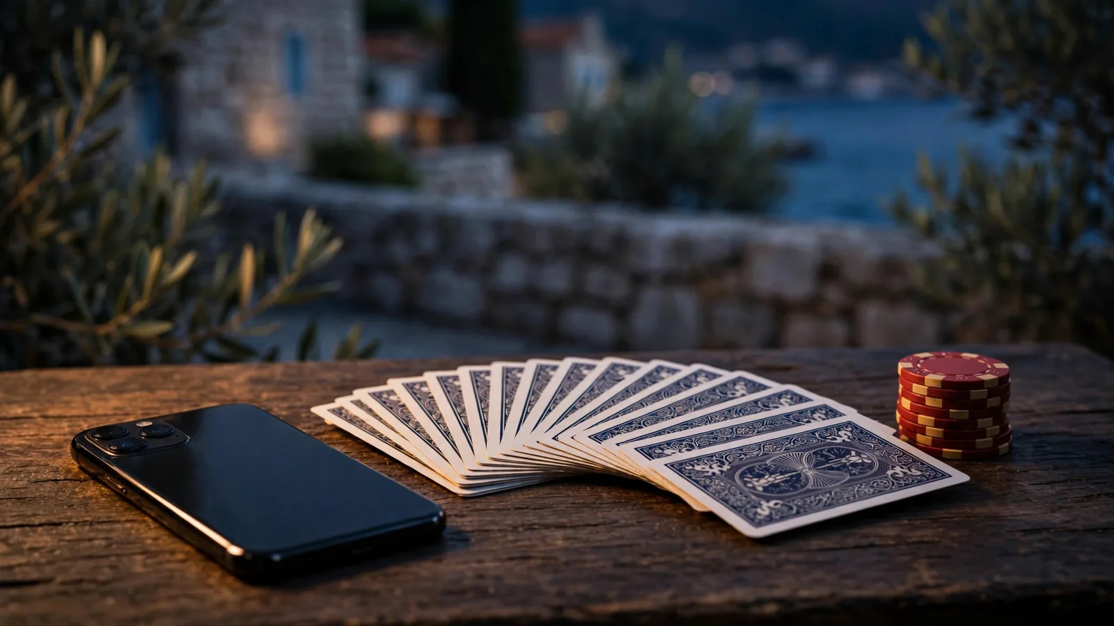 Pametni telefon s kartama i žetonima na stolu, online blackjack u Hrvatskoj