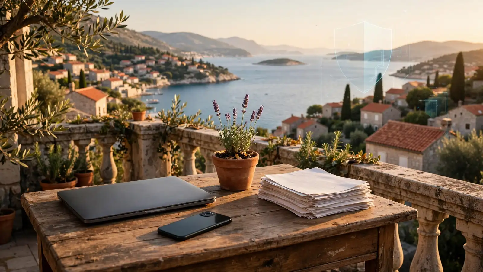 Zatvoreni laptop i telefon na stolu uz zaštitni štit, simbol privatnosti podataka