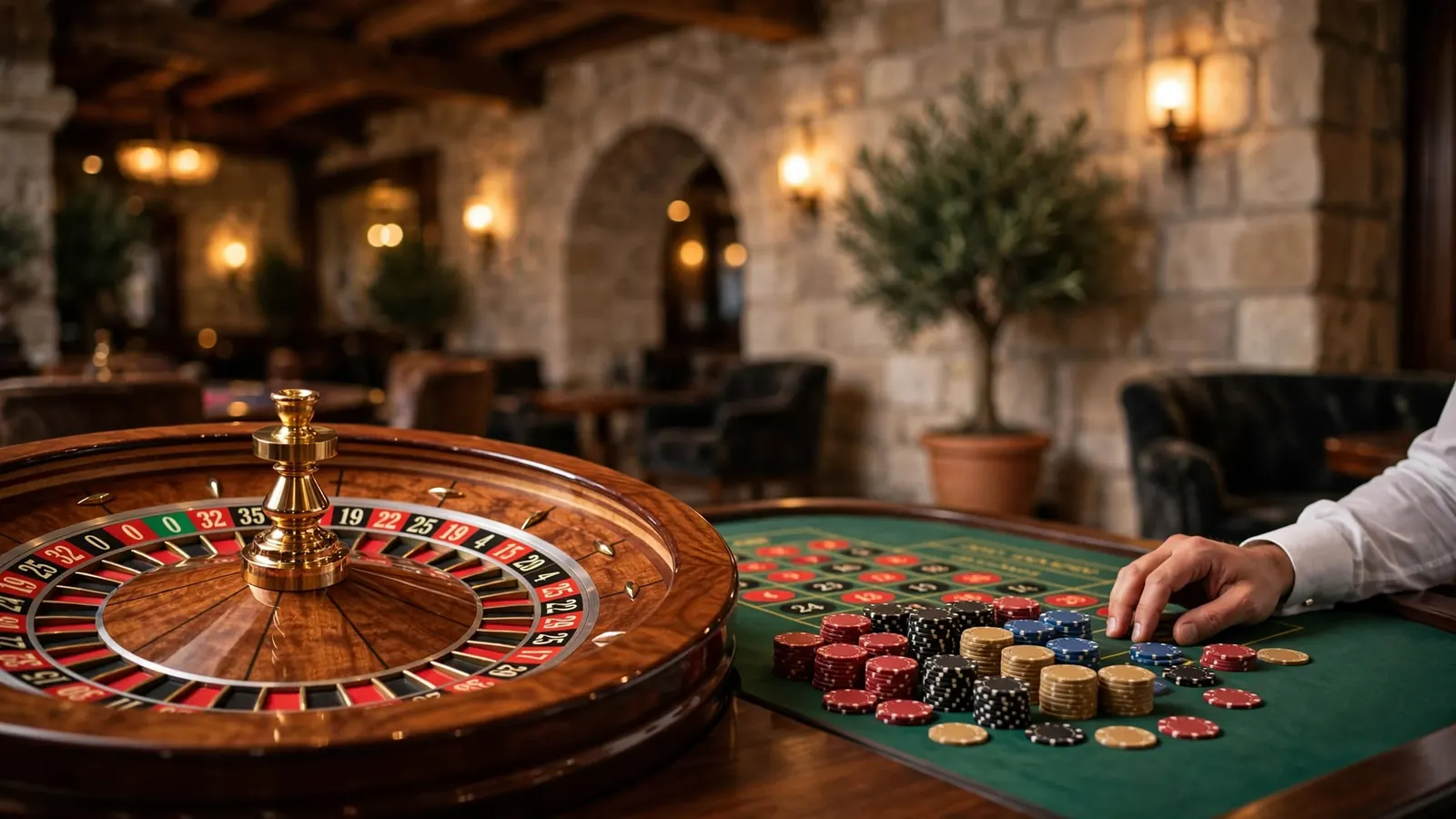 Kotač za rulet i žetoni na zelenom stolu u elegantnom hrvatskom casinu