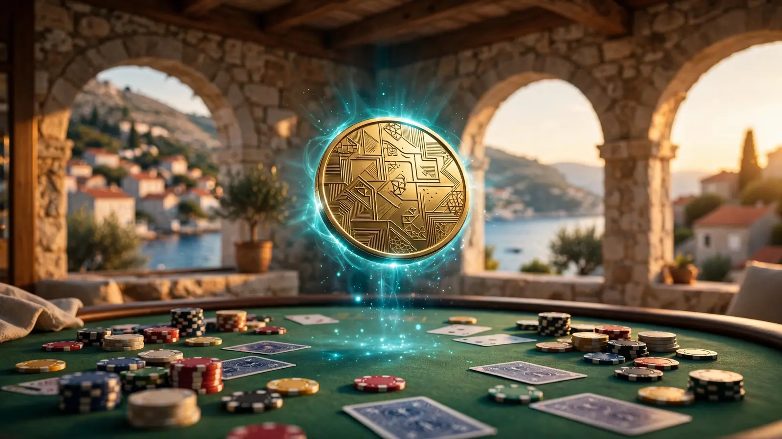 USDT kriptovaluta iznad stola za kockanje u elegantnom hrvatskom primorskom loungeu
