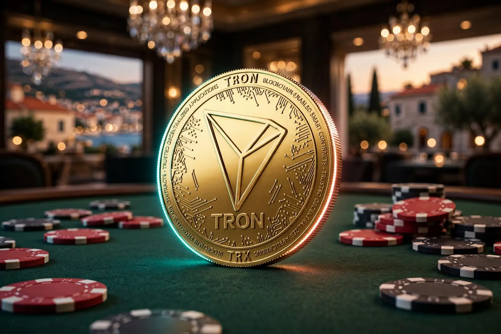 Zlatni TRON kripto novčić na stolu casina s žetonima